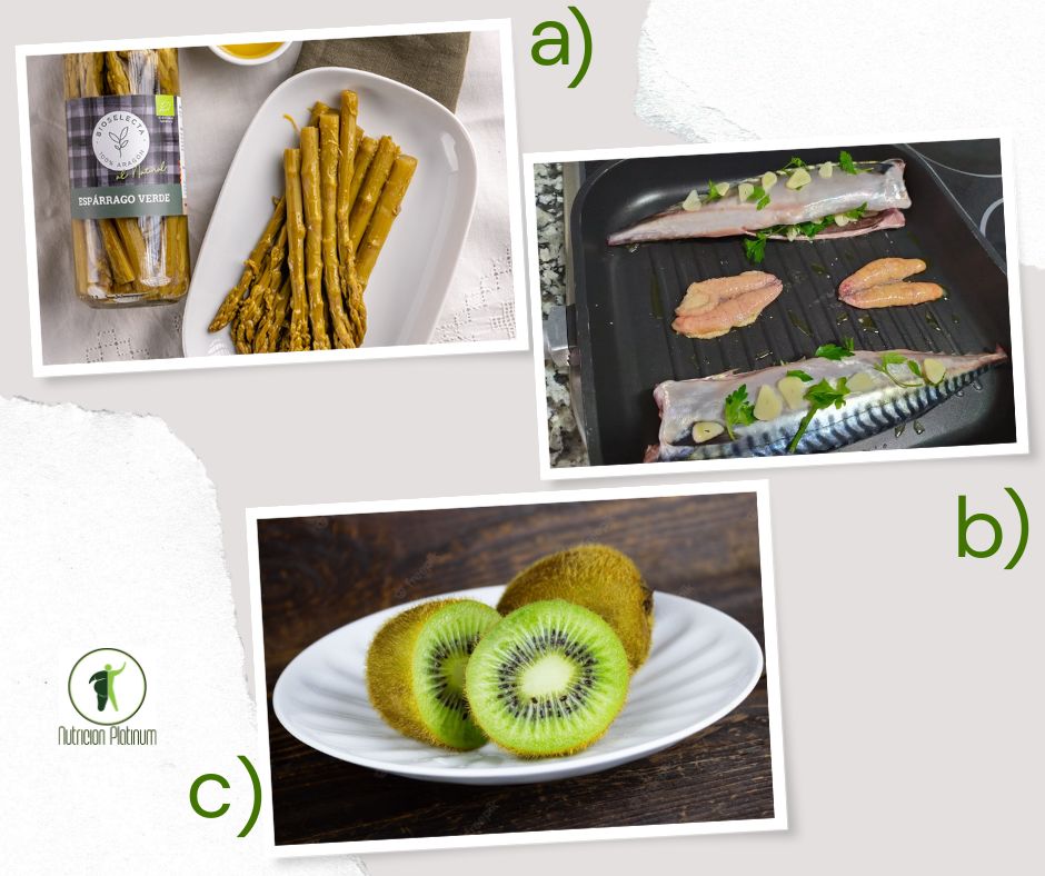 Espárragos trigueros acompañados de caballa con ajo y perejil y 2 kiwis por persona.